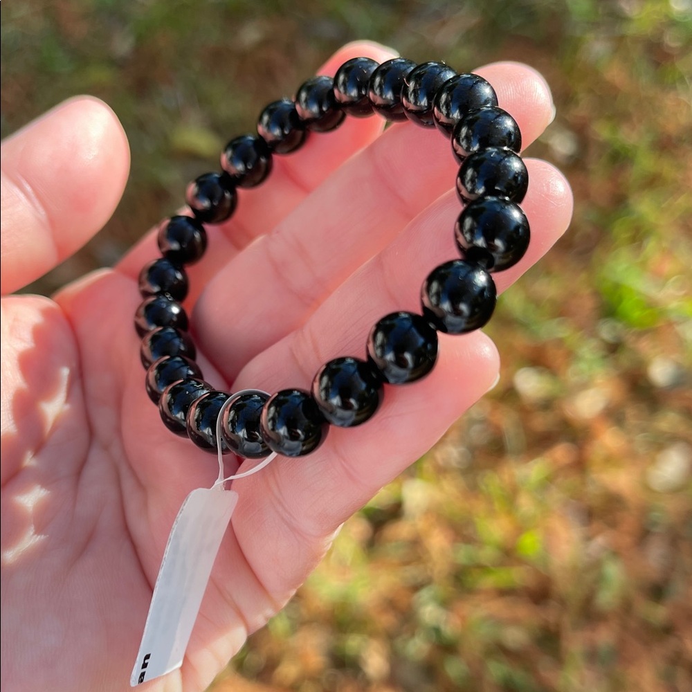 NWT Black Obsidian Beaded Elastic Bracelet - Picture 3 of 6